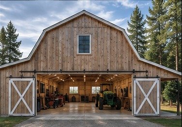 Pole barn shop with large doors