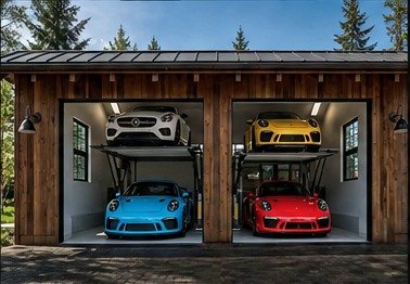 Two-car garage with vehicle storage lifts