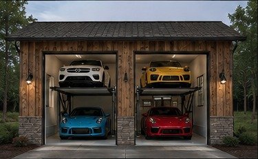 Garage with two vehicle storage lifts