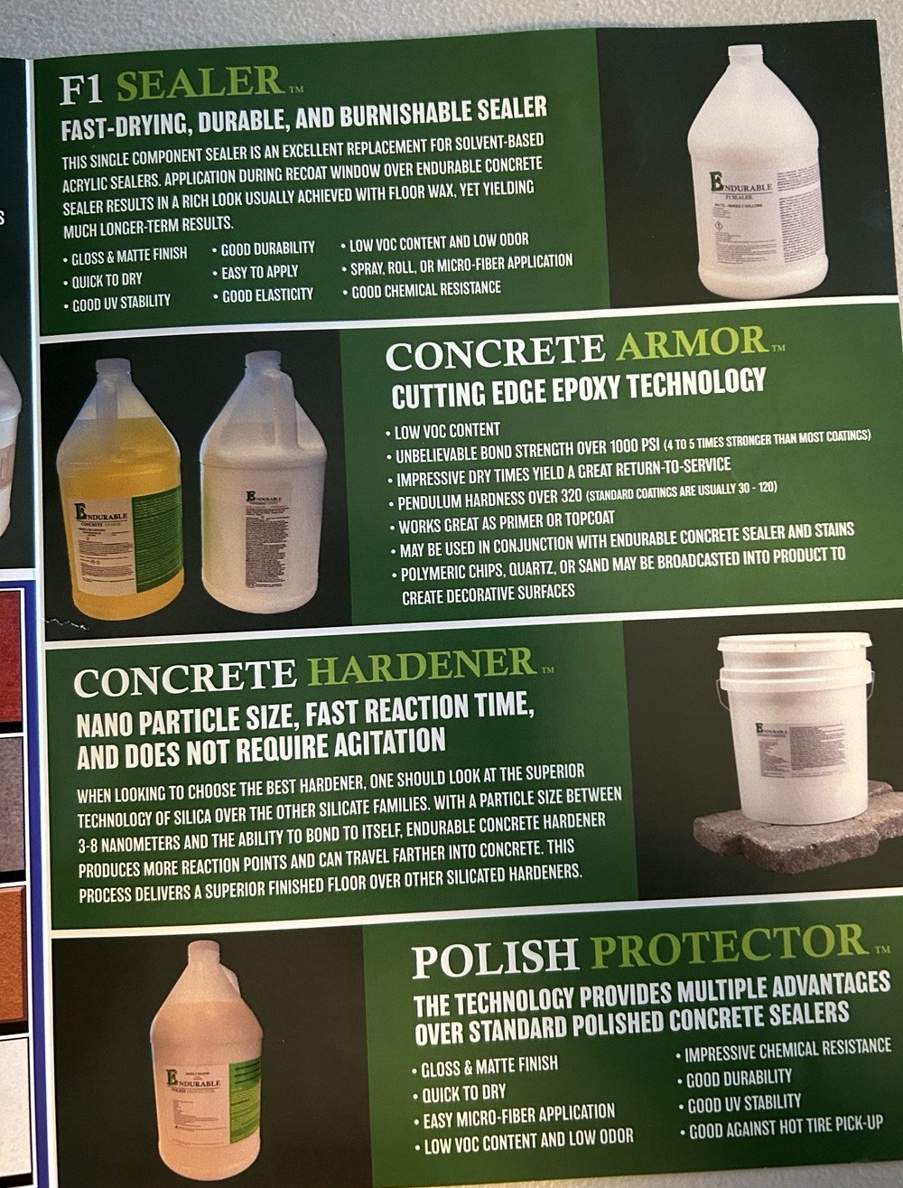 Endurable product literature showing sealers, Concrete Armor, hardener and Polish Protector